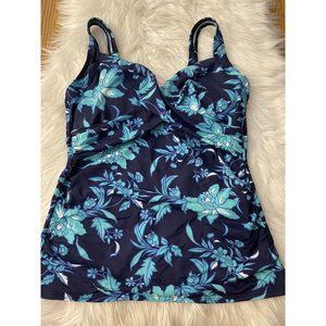 Lands End‎ Size 10DD Blue Floral Underwire Slimming Tankini Swimsuit Top Draped